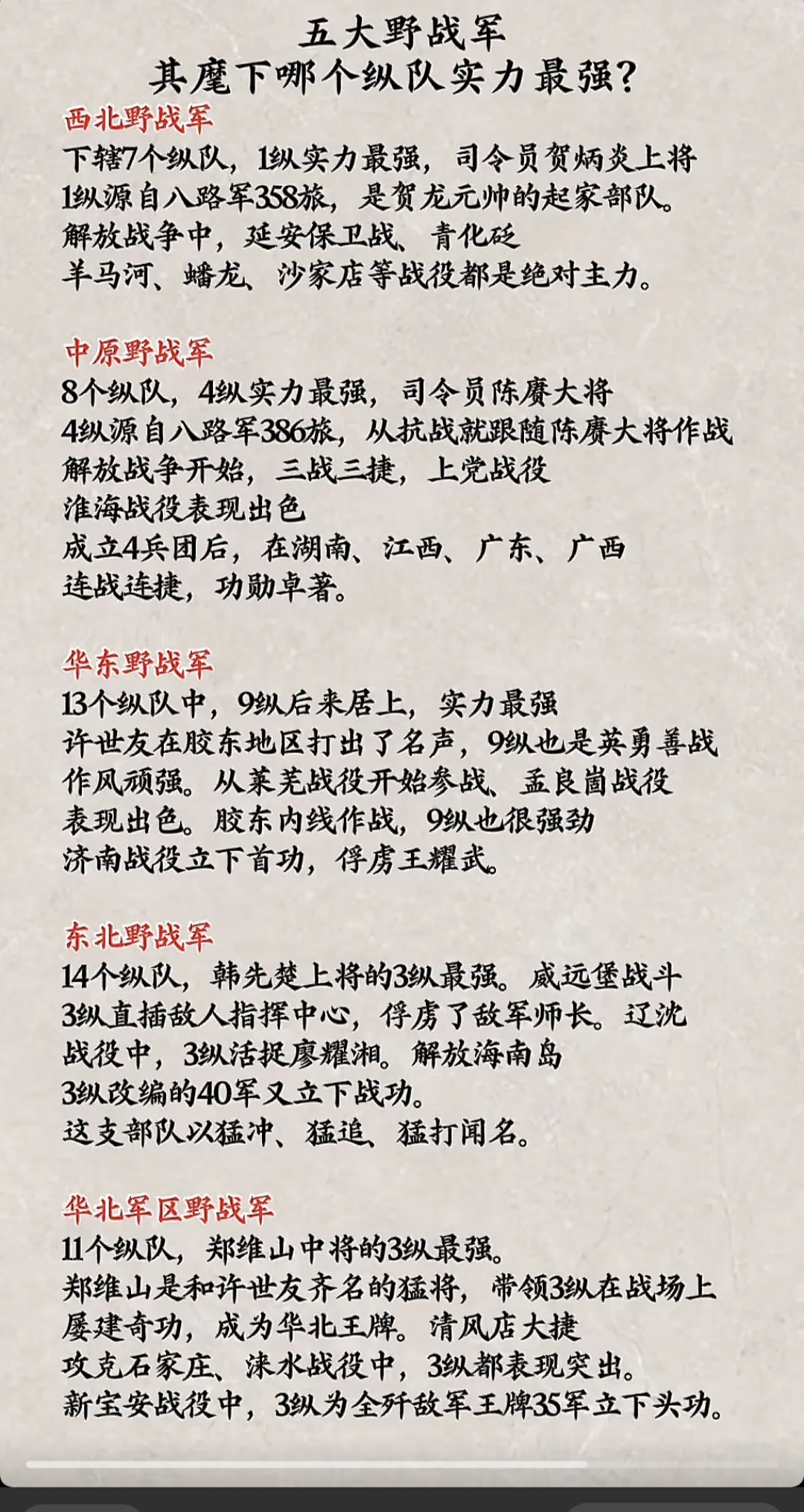 五大野战军,其麾下哪个纵队实力最强?