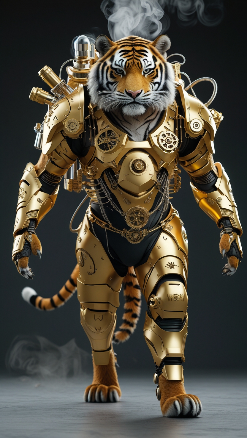 黄金虎  一只机械朋克风格的老虎,身穿由黄金制成的铠甲,铠甲精致且