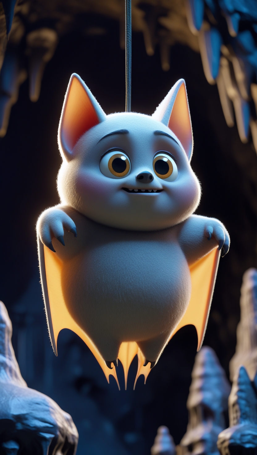 蝙蝠  这是一张充满魅力的胖乎乎的皮克斯风格蝙蝠倒挂在黑暗洞穴中的