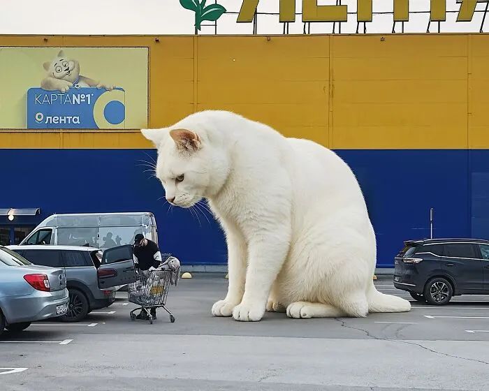 战斗民族硬核养猫!他ps出3米高巨喵入侵地球