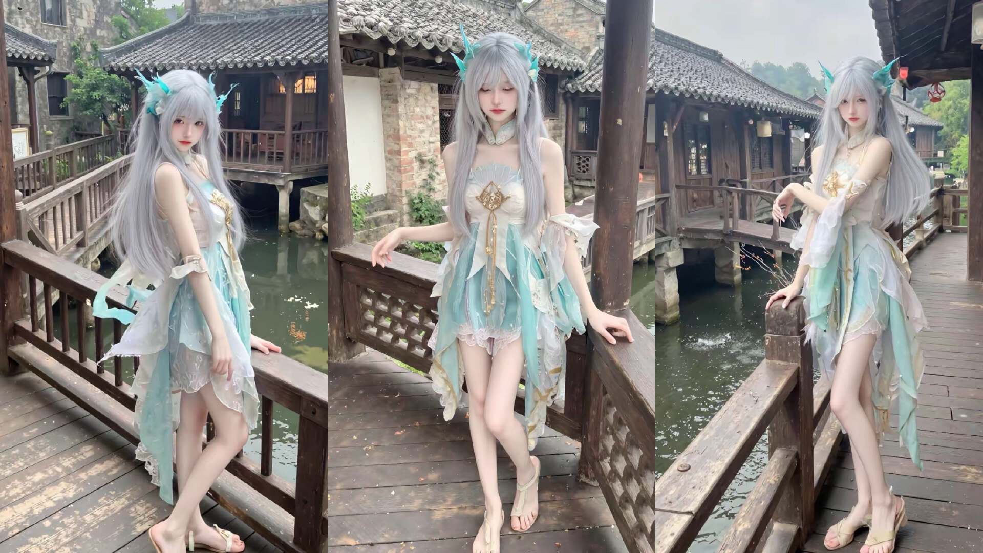 王者cos:小姐姐cos西施,身穿绿色衣裙,头戴白色假发,身穿绝佳