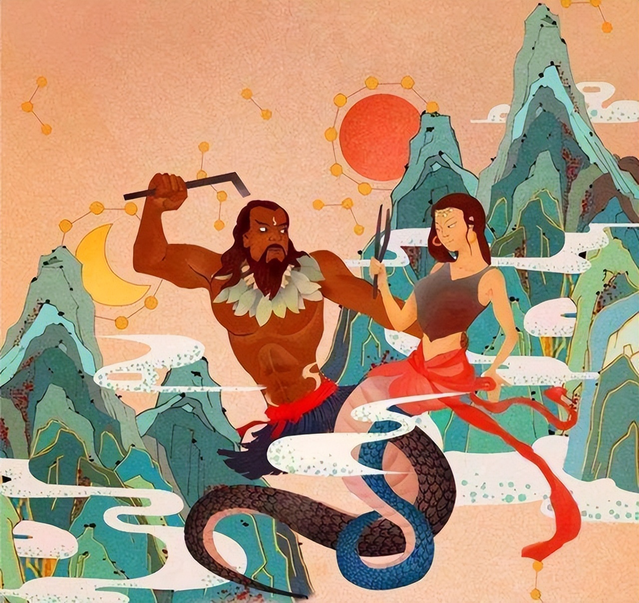 《伏羲女娲图》中,两人手里拿着的圆规和曲尺,有什么寓意?