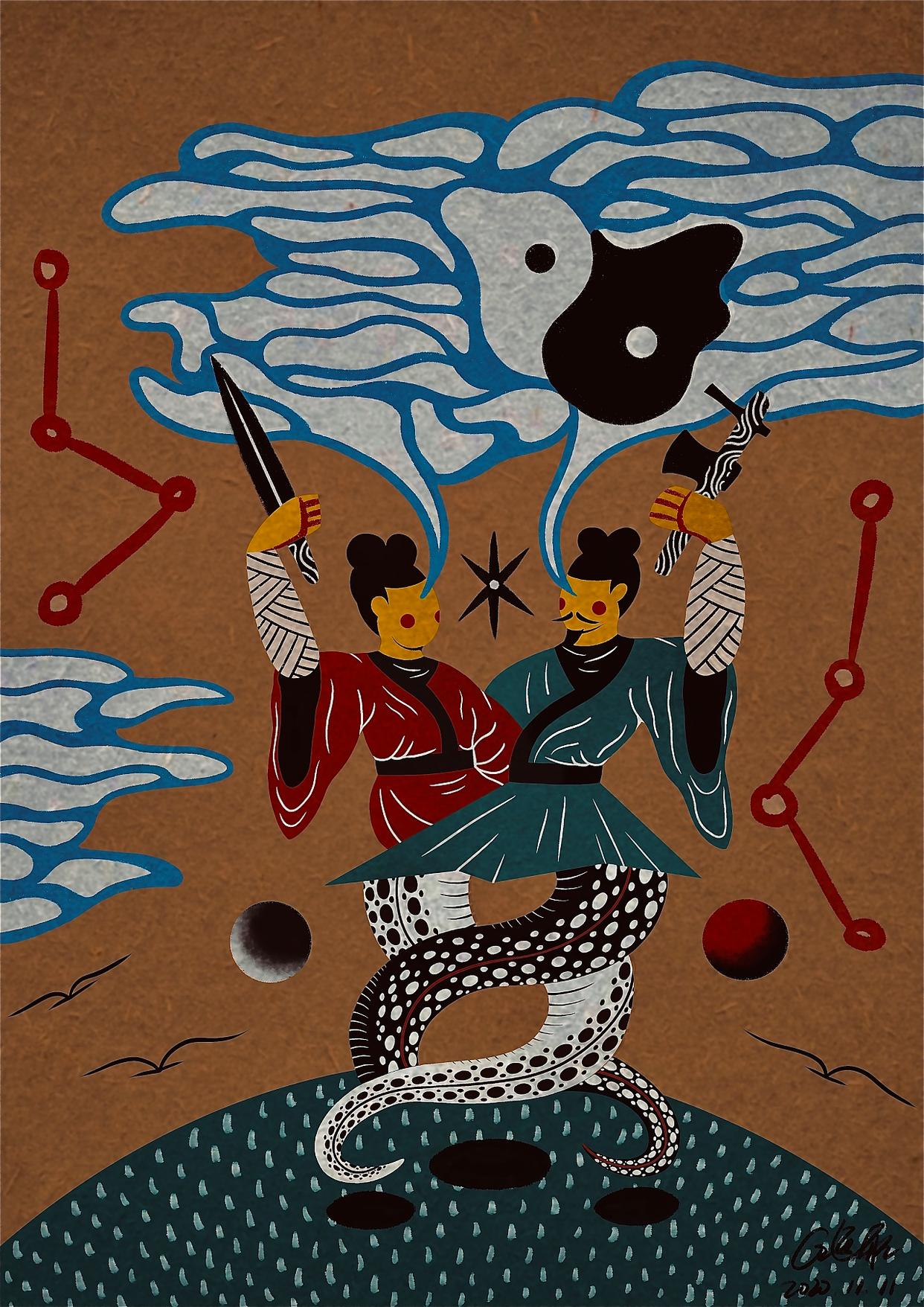 《伏羲女娲图》中,两人手里拿着的圆规和曲尺,有什么寓意?