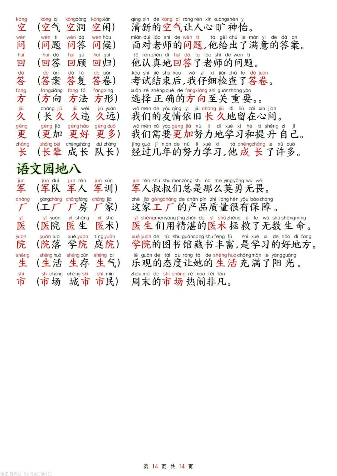 一年级上册语文组词造句