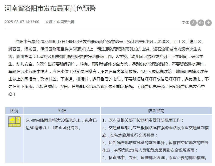河南洛阳三地发布暴雨红色预警,停止集会,停课,停业!注意防范