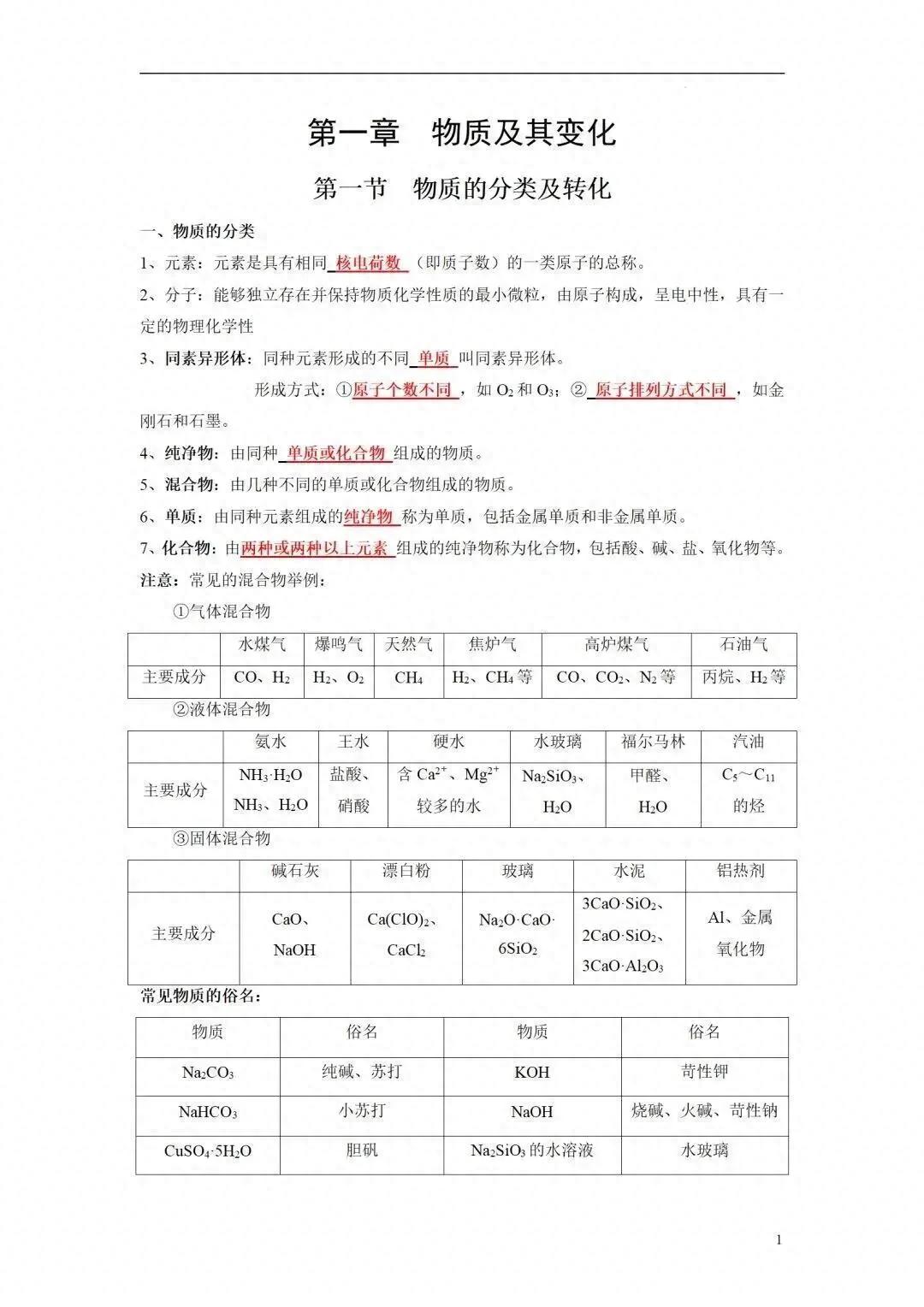 高一化学人教版必修一第一单元知识点梳理 知识点总结