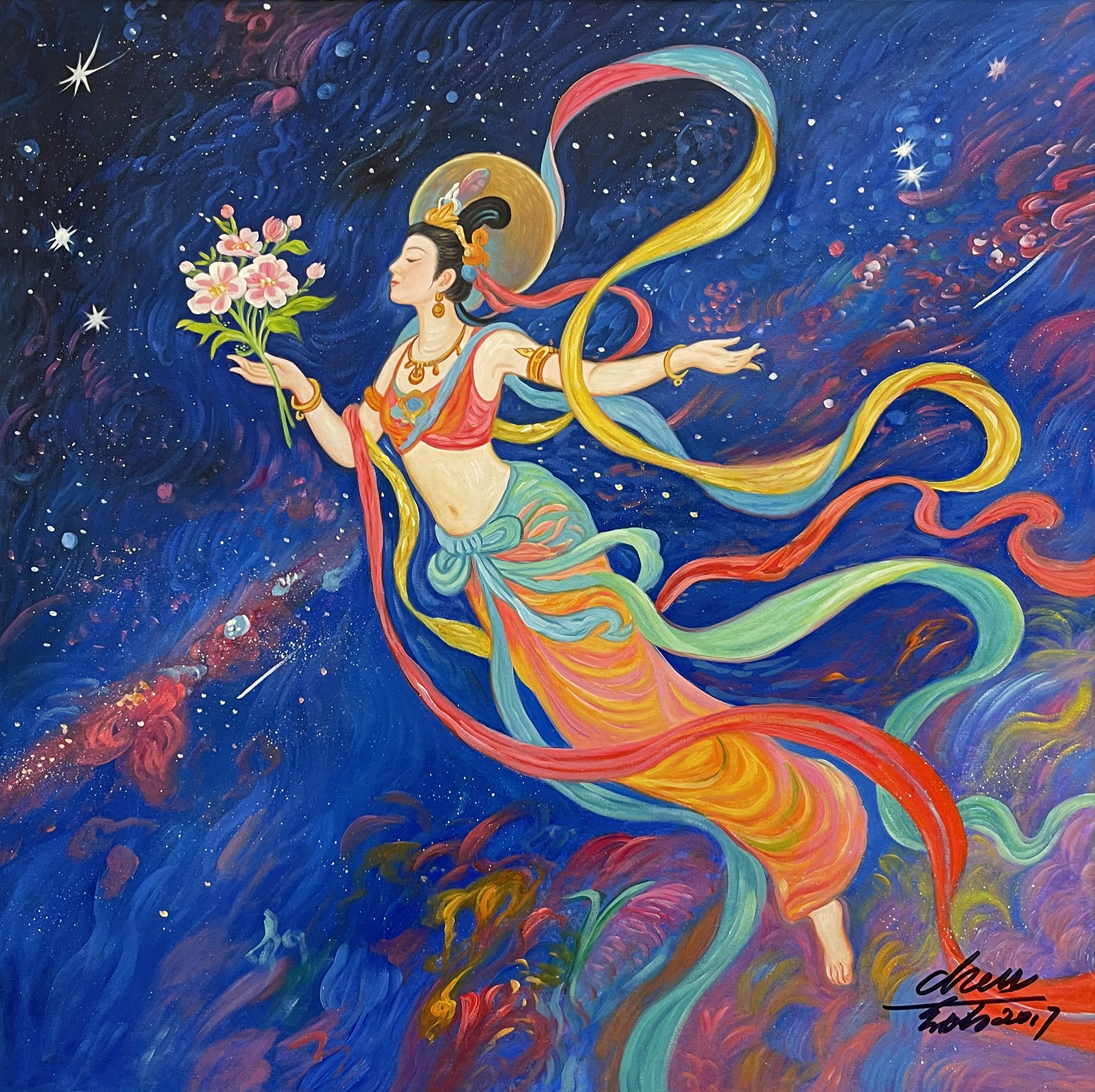 敦煌飞天入画来:探秘陈幼白的重彩飞天玄神油画的深邃魅力