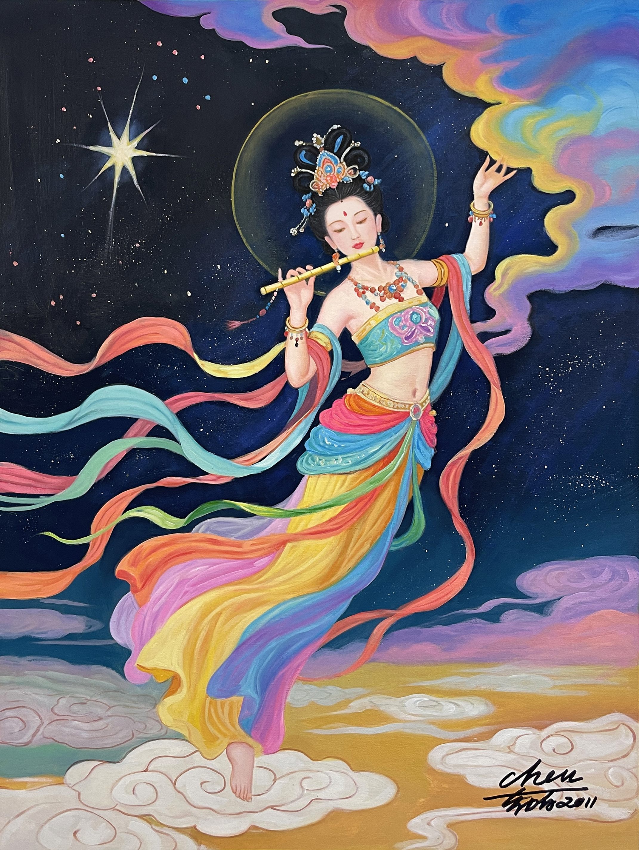 敦煌飞天入画来:探秘陈幼白的重彩飞天玄神油画的深邃魅力