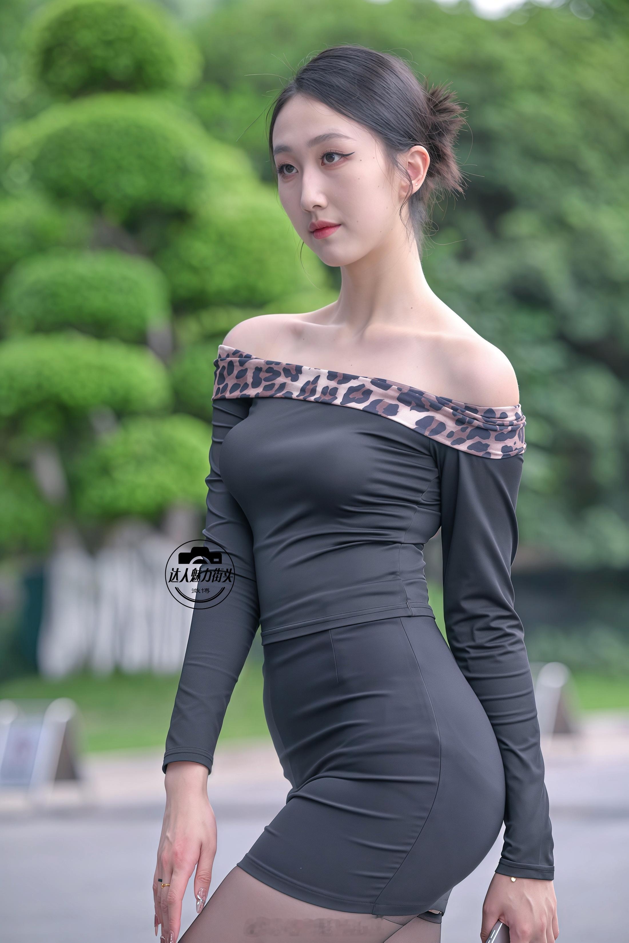 素人街拍豹纹一字肩修身套装 + 黑丝高跟女性性感身材穿搭教科书