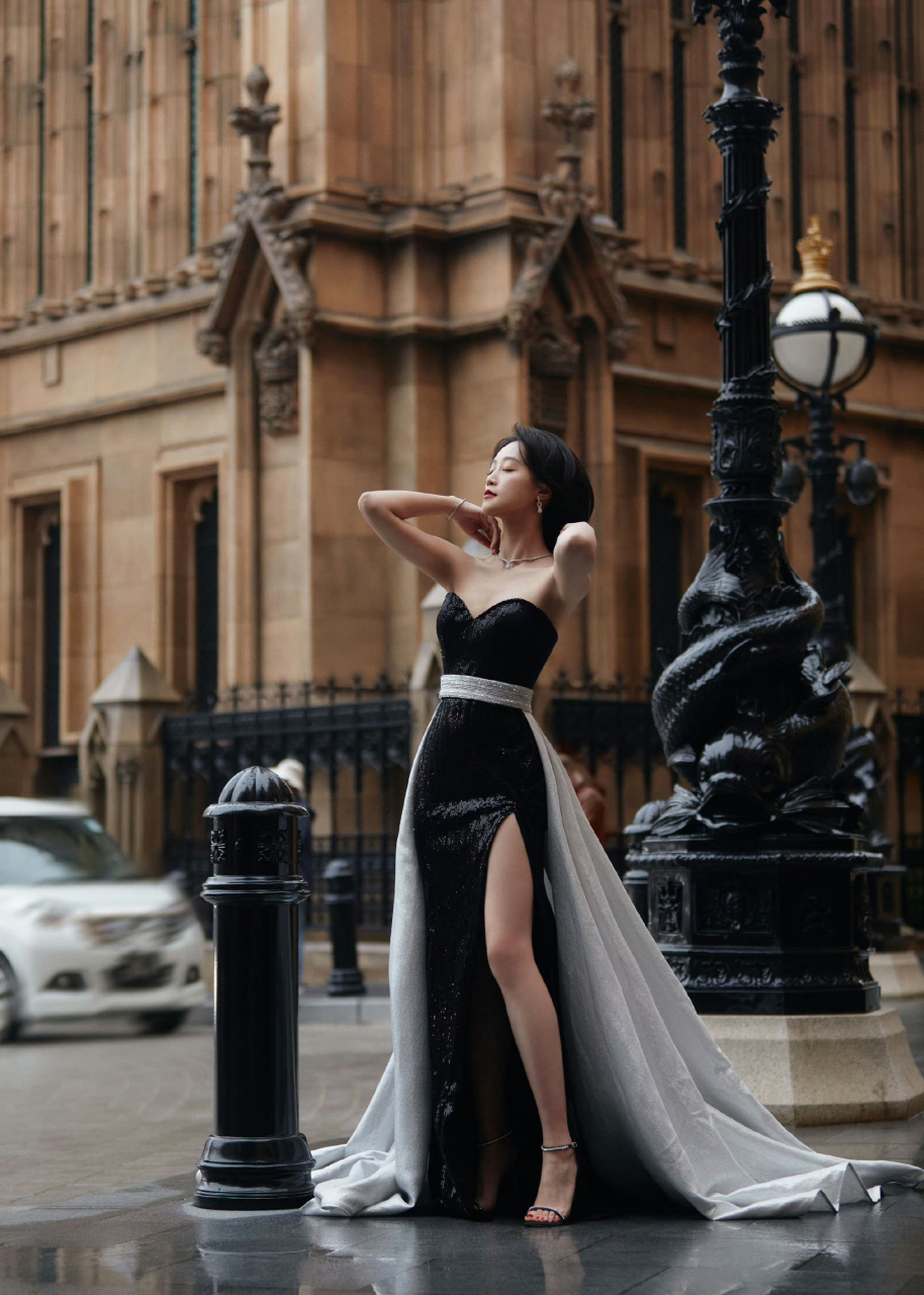 蓝盈莹黑色鱼尾开叉礼服,温柔又美丽 #蓝盈盈