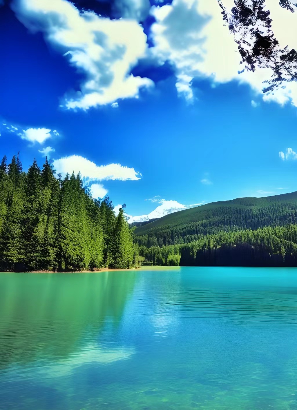 湖水碧绿清澈,宛如一面明镜,倒映着湖畔的山峦和蓝天白云