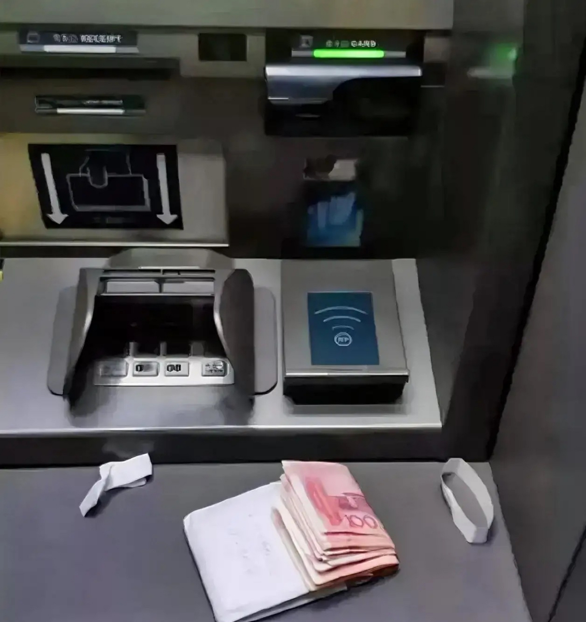 云南文山,一女子去银行atm机存钱时,机器突然故障,发生了吞钞事件.