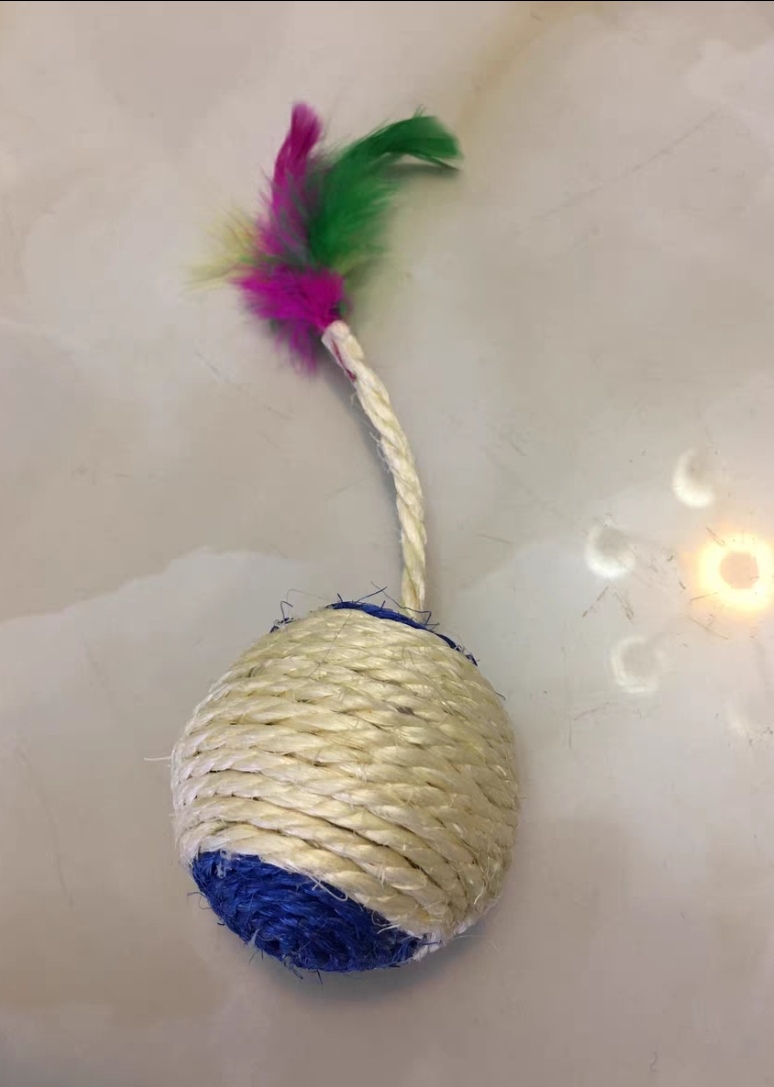 不爱玩耍也不爱动 我就在网上买了这个玩具球 球体上是,麻绳包裹,球面
