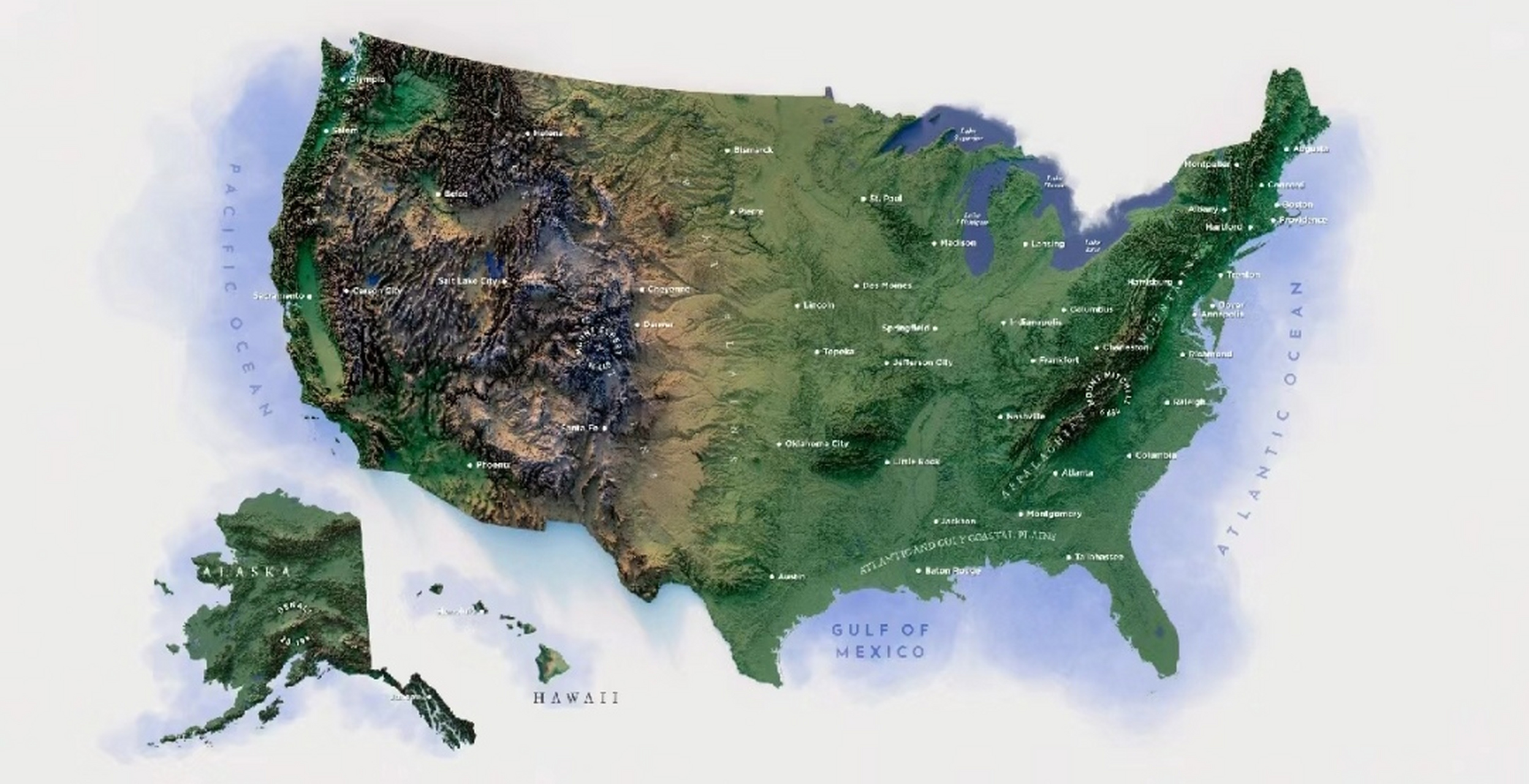 介绍美国地形地貌基本情况  美国东西两边海拔高,中间低,地形以平原为