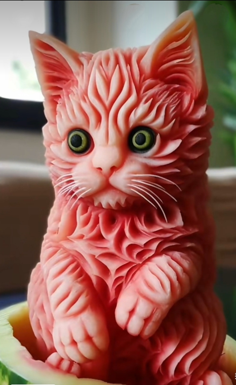 高手在民间,这西瓜喵雕刻得也太真了,这怎么忍心吃呢,只是看看就要被