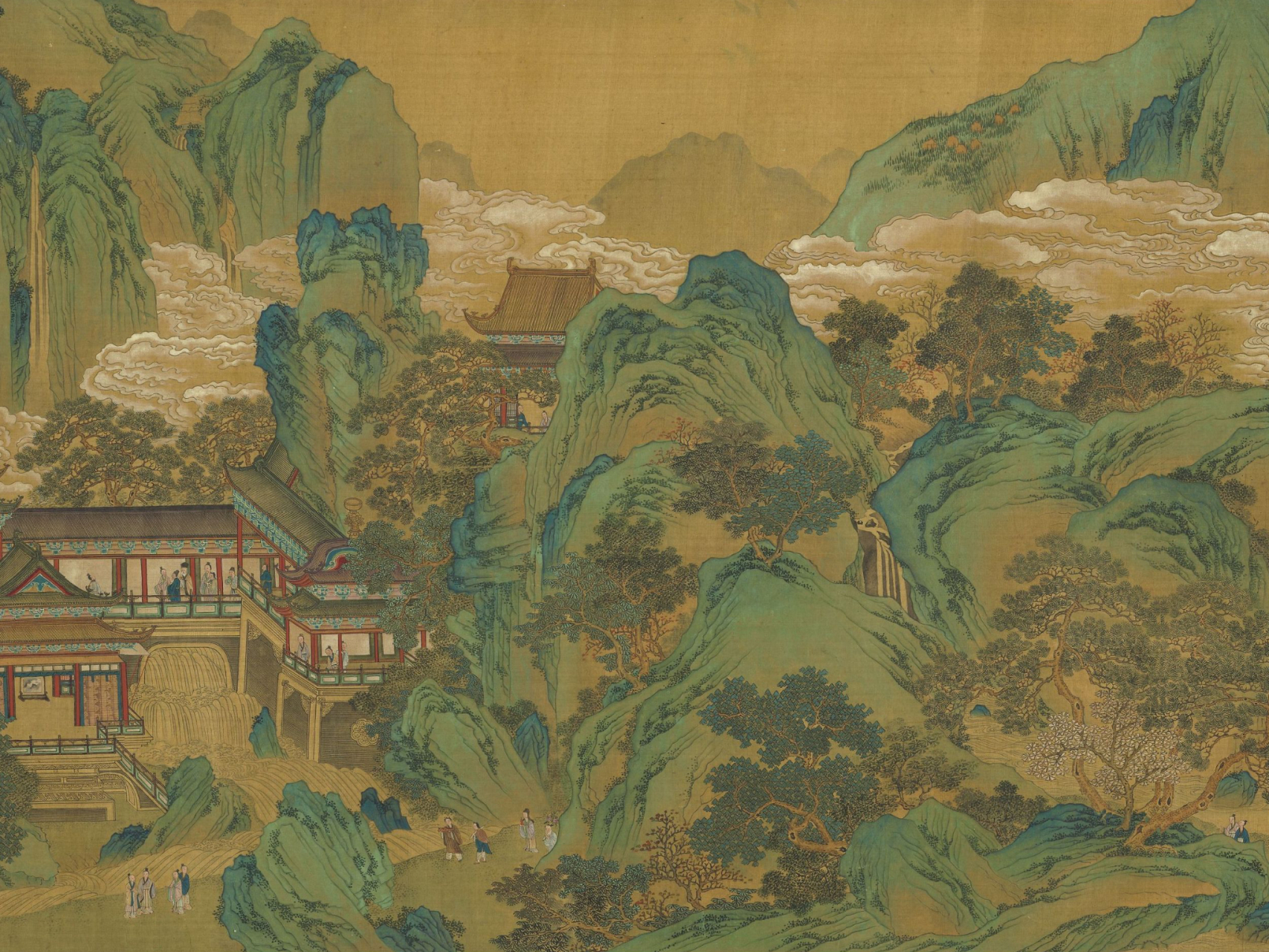 明 仇英 蟠桃仙会  卷   绢   设色,青绿   40x440.