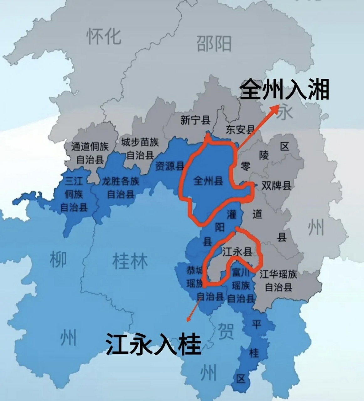 打开湖南和广西的交界图会发现湖南江永县独占自深入广西,让桂北的