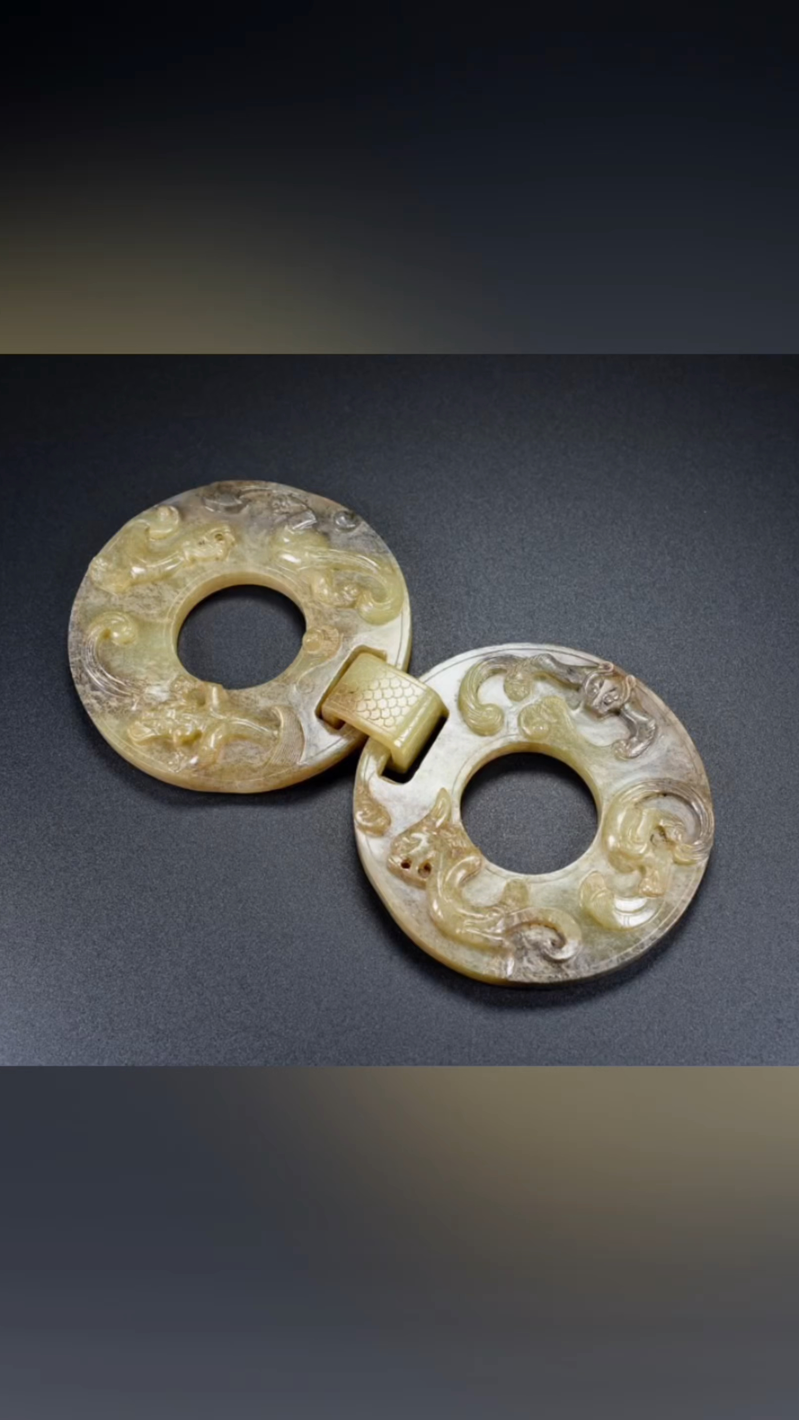 古玉老玉螭龙活环双链璧