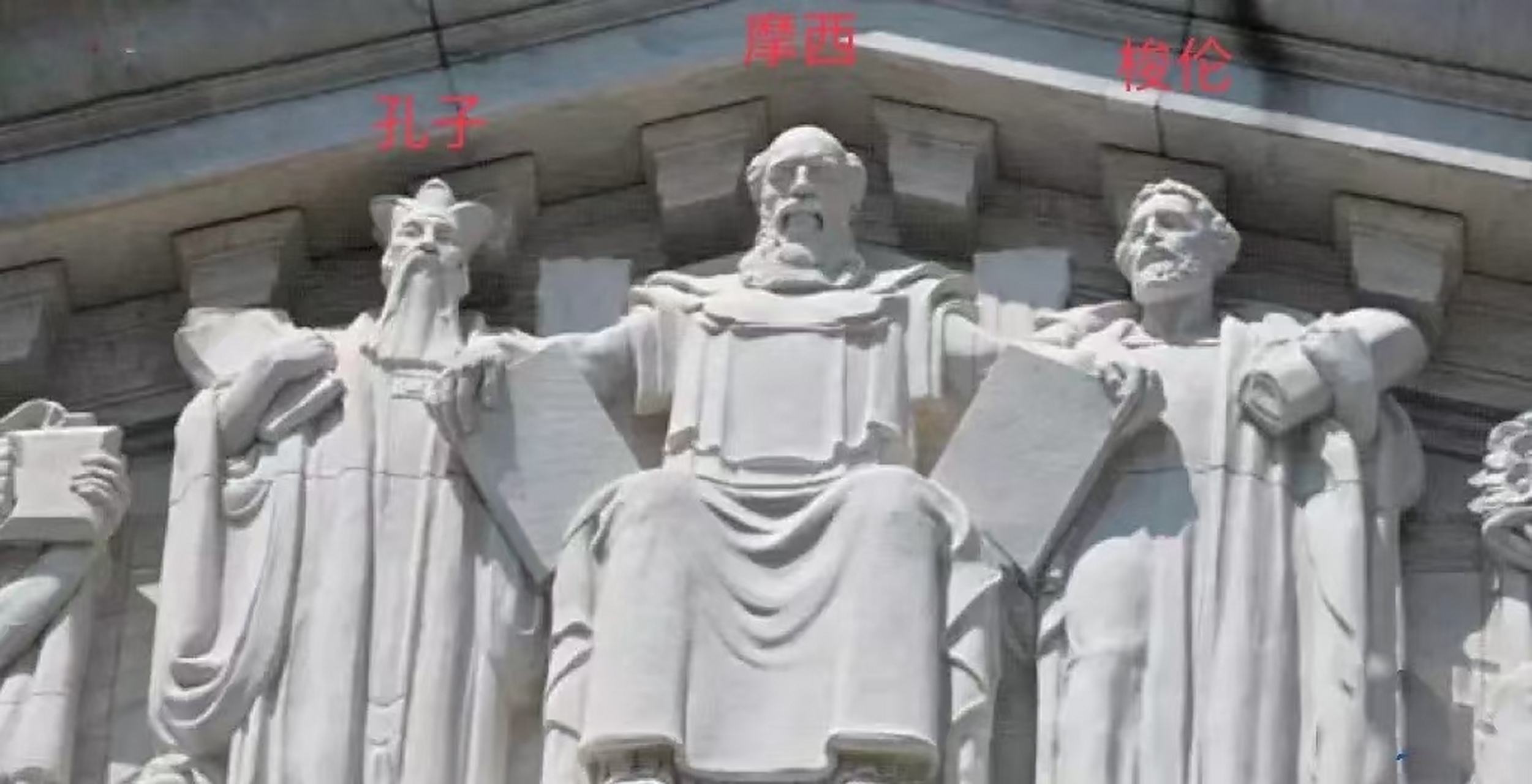 美国最高法院门口,坐着摩西,梭伦是左护法,孔子是右护法