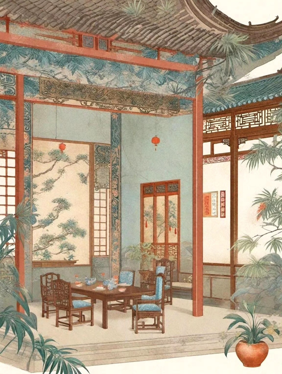 一组我国古代庭院设计插画欣赏,展现了室内的建筑结构与各种装饰