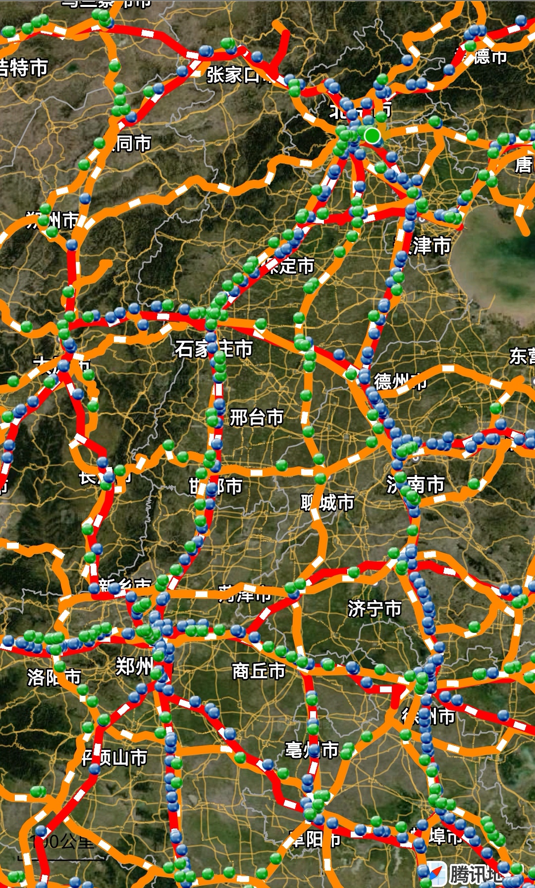 华北地区铁路网行车密度图
