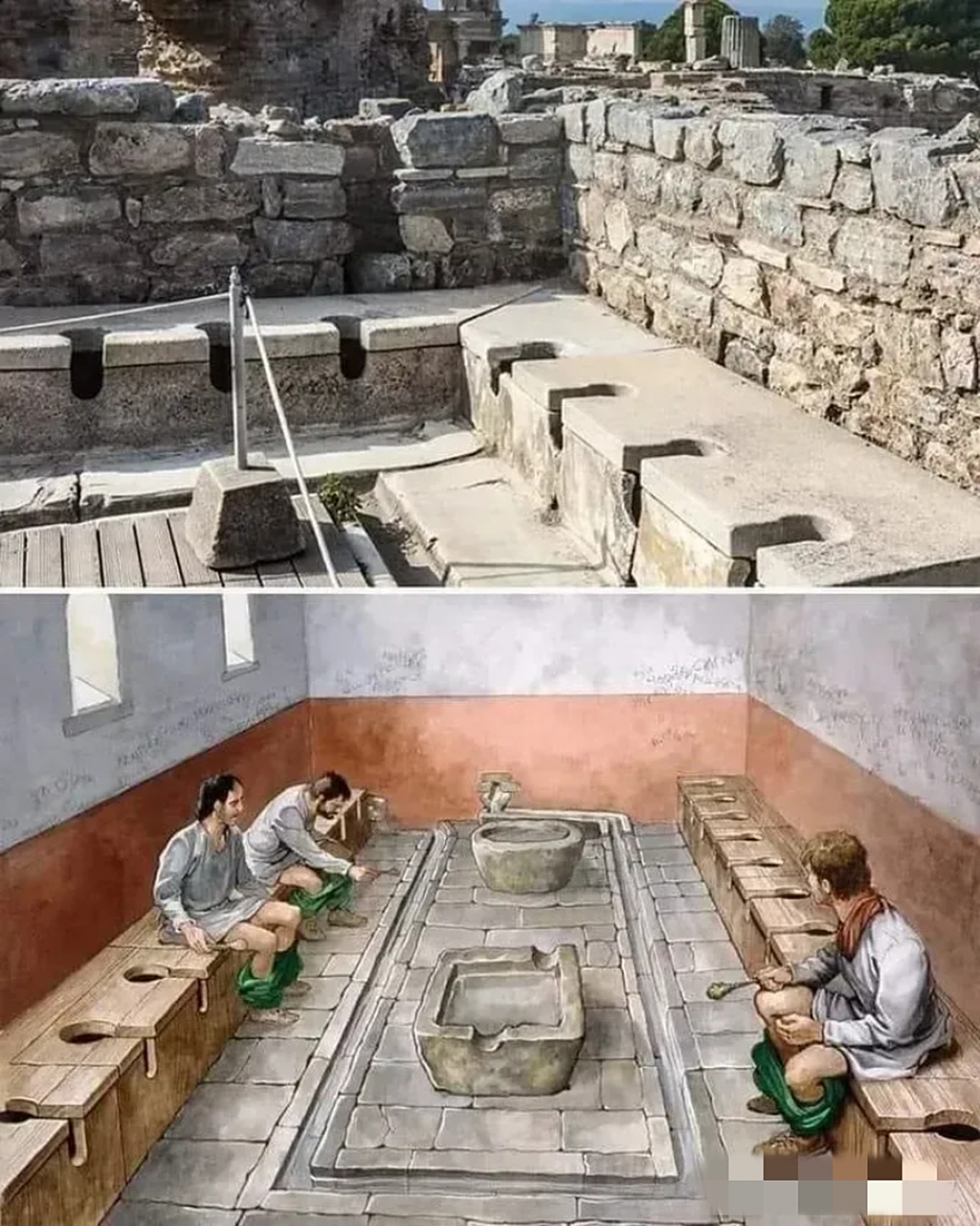 这是古罗马时期的公共厕所,和我们八九十年代的公共厕所很像