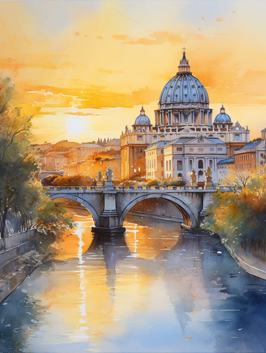 水彩|台伯河·圣彼得大教堂