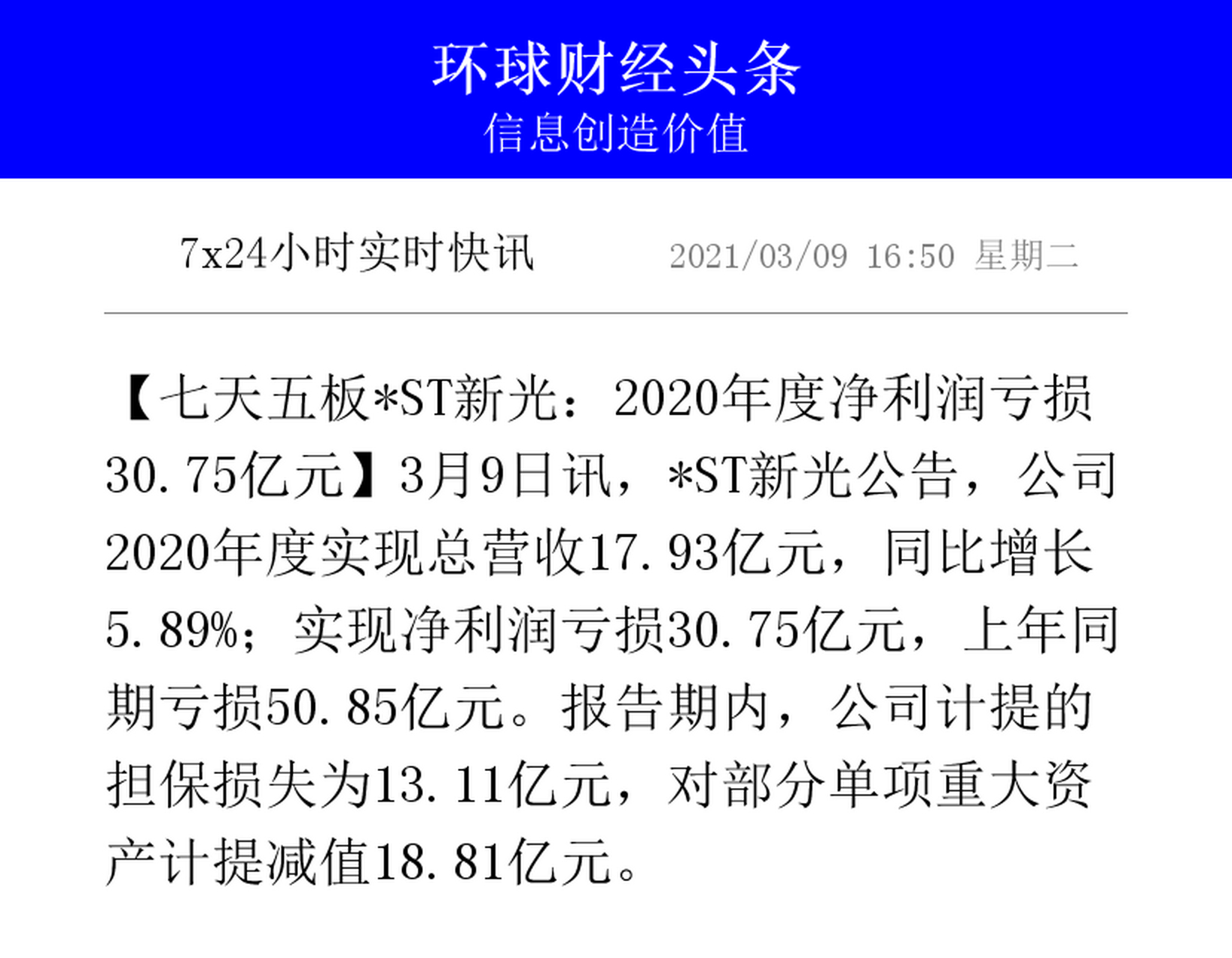 75亿元】3月9日讯,*st新光公告,公司2020年度实现总营收17.