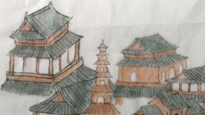 [图]山水画技法入门219,寺庙楼阁画法,注意走向角度透视