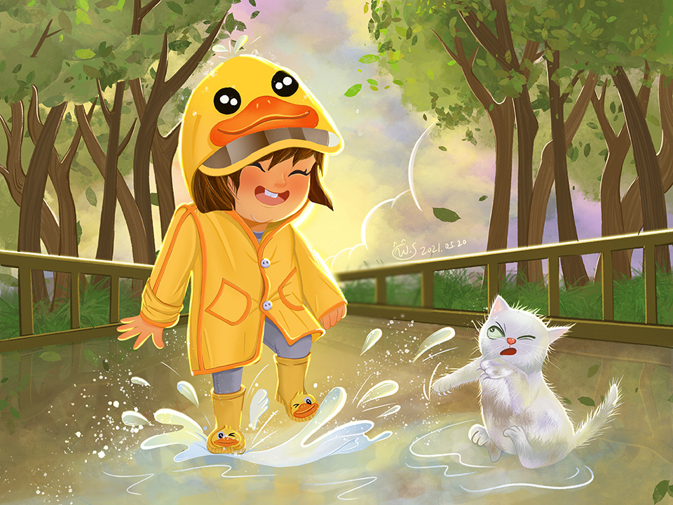 这时,看到前面雨中景象, 很是有爱.