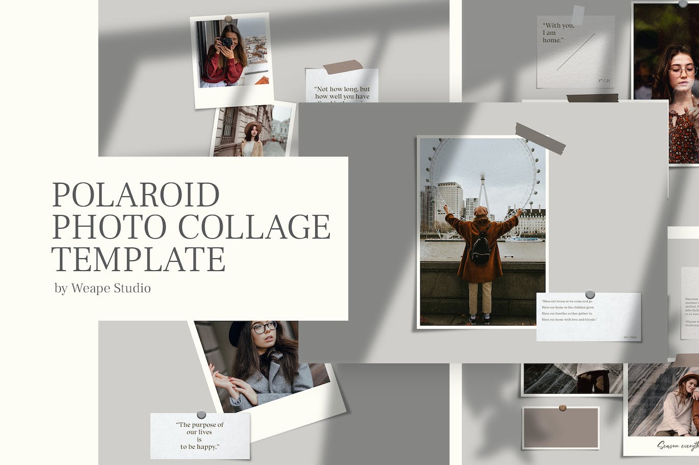 宝丽来照片效果拼贴样机模板 Polaroid Photo Collage