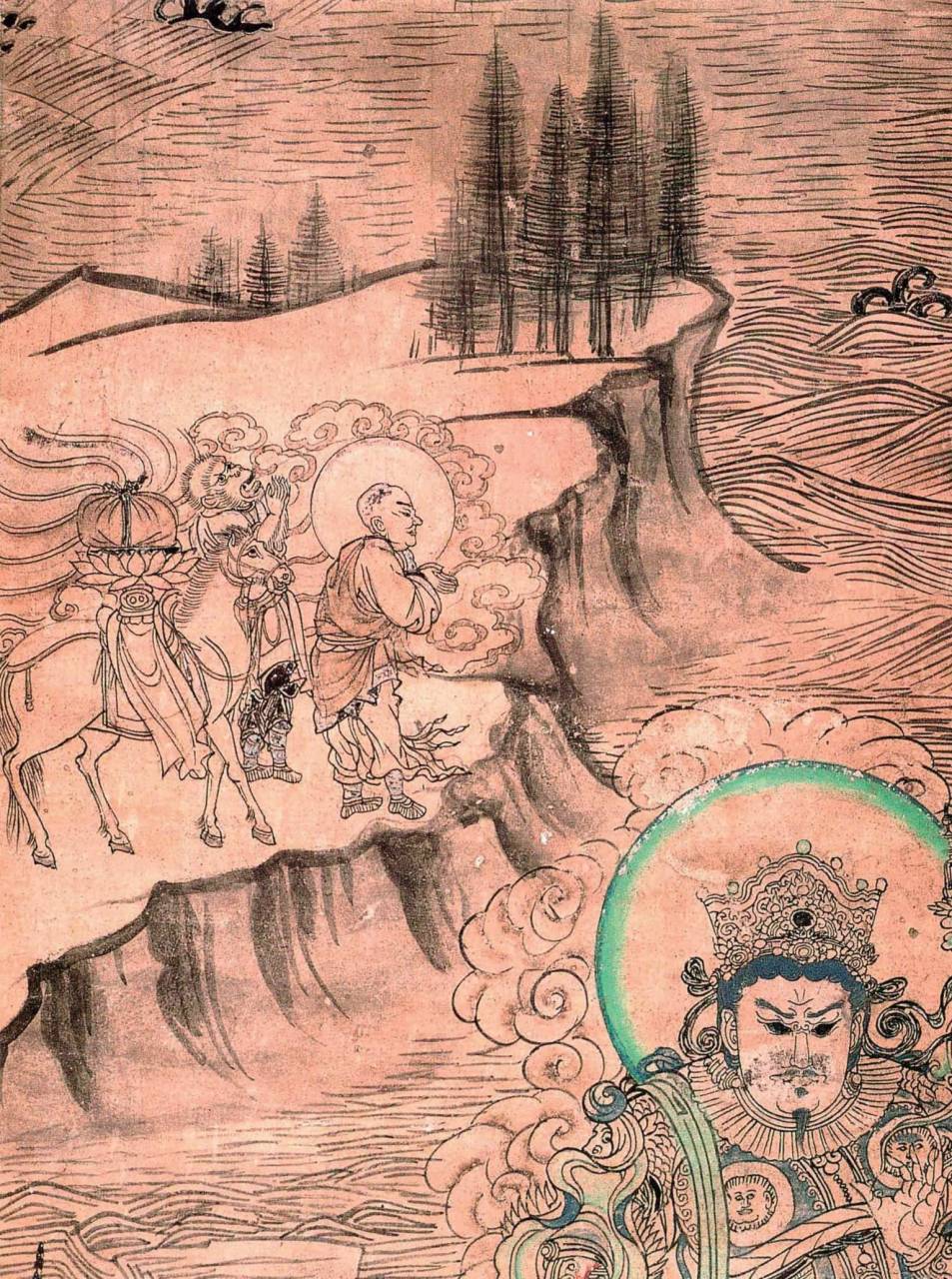 《普贤变》壁画中的唐僧和猴行者(西夏)