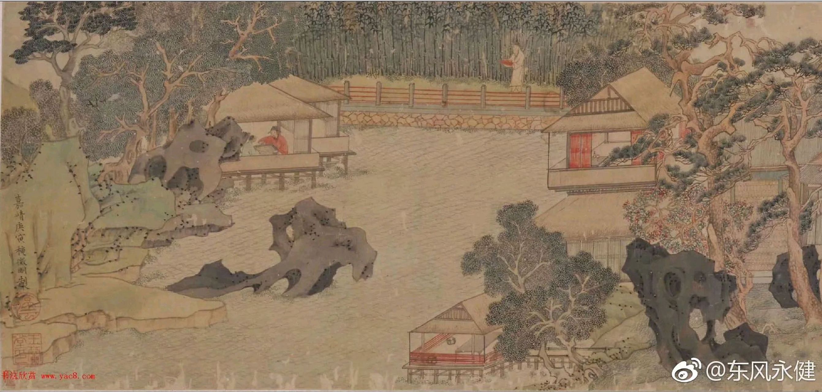 《明文征明东园图卷》是由明朝画家文征明创作的,描写了东园雅集时的