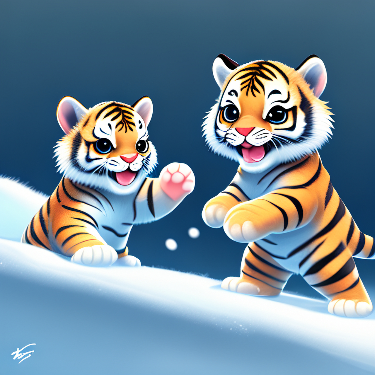 百度ai绘图:雪后天晴,两只萌虎在快乐嬉戏