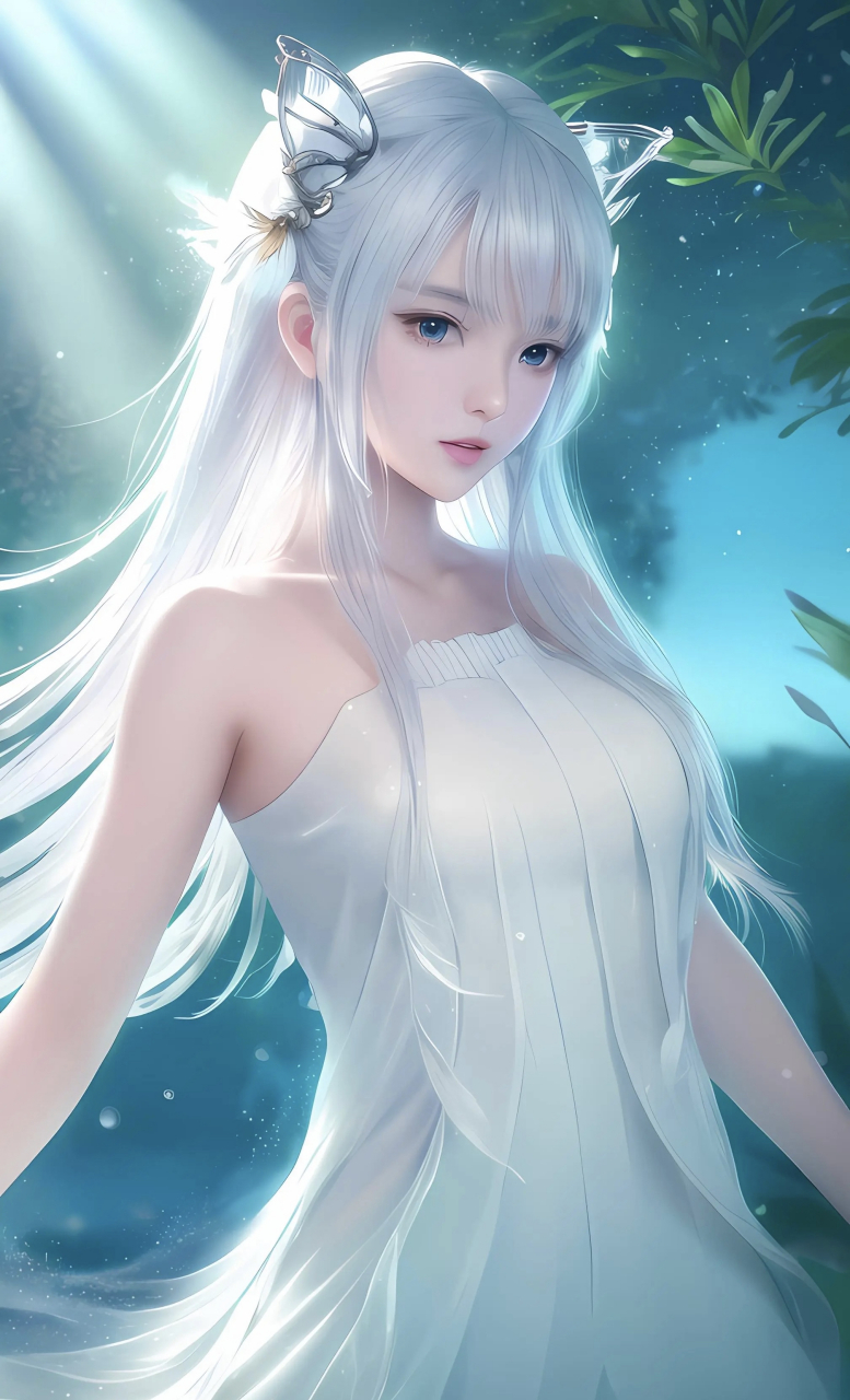 白发白衣白裙的美少女