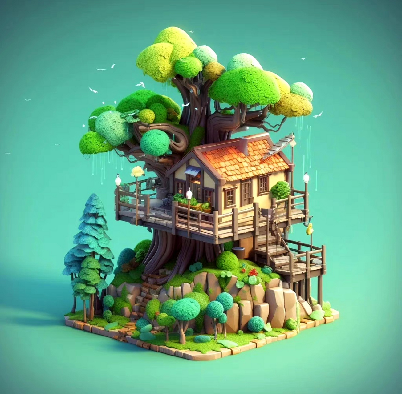 一组带有梦幻色彩树屋,是想象中的样子,by midjourney.