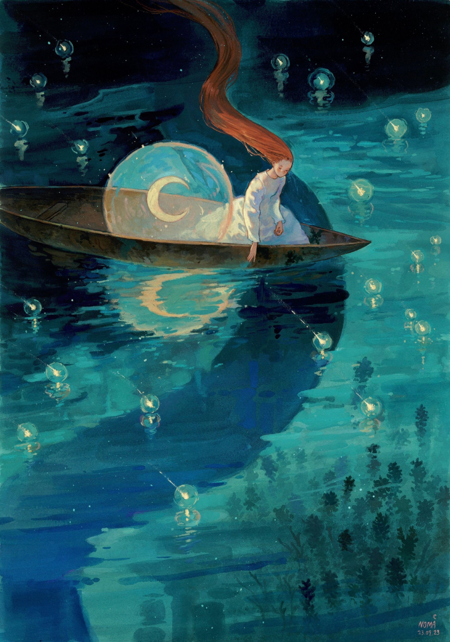 画师noma奇幻绘画作品欣赏,描绘了仲夏夜少年的奇遇故事.