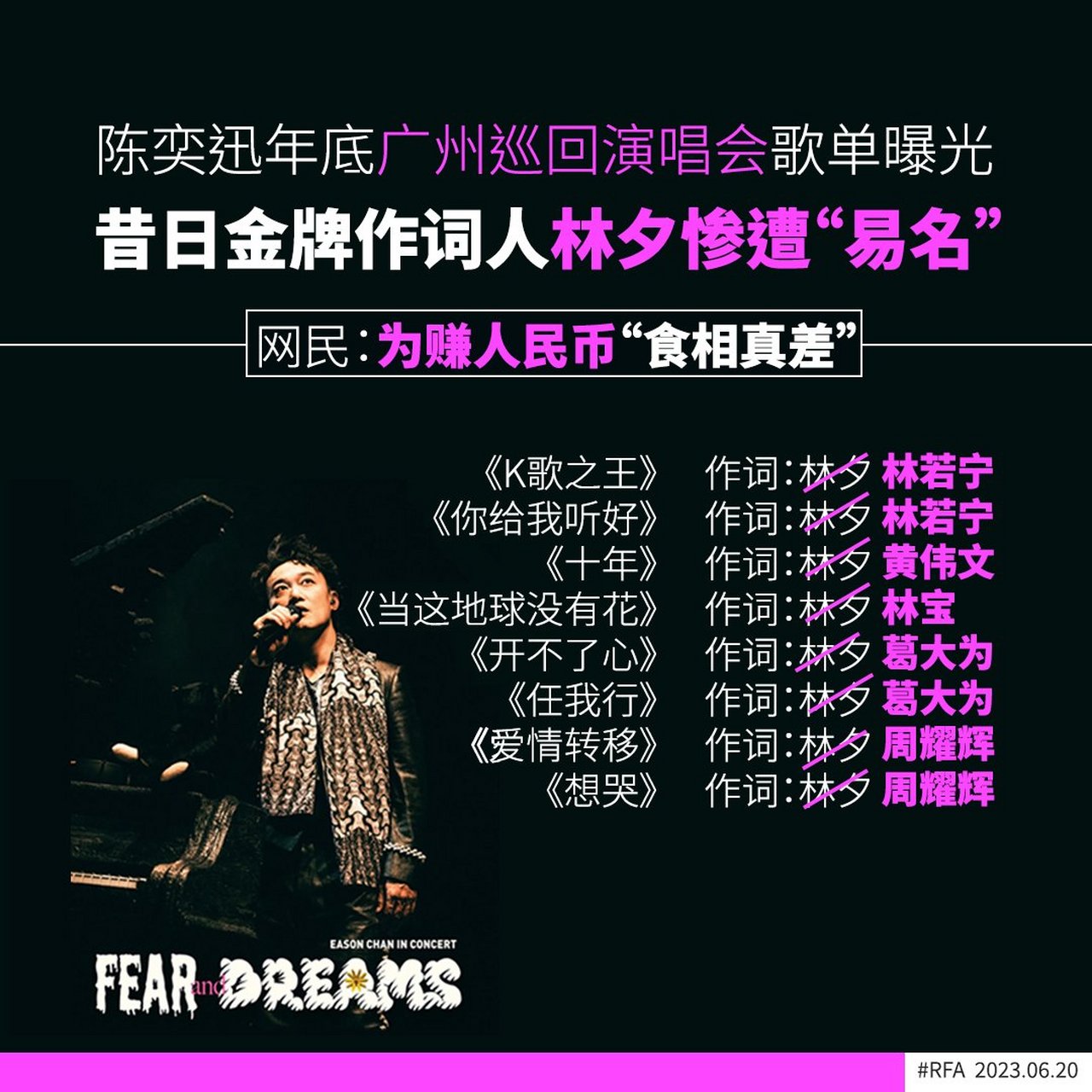 【陈奕迅广州演唱会歌单 昔日金牌作词人林夕惨遭"易名"】 据广州市