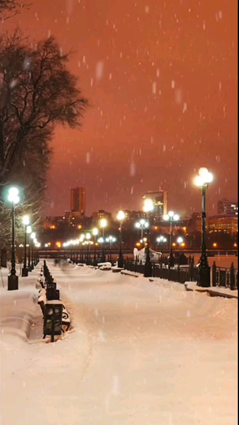 风雪夜晚,灯光下迷人的景色