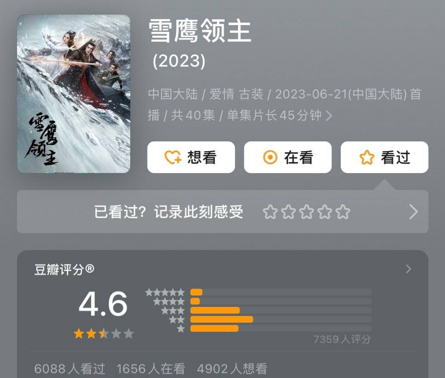 电视剧《雪鹰领主》在豆瓣上的评分居然只有4.
