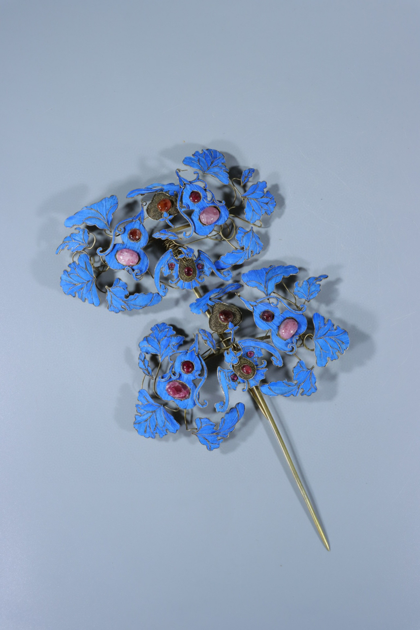 回流 纯银鎏金嵌红宝石福禄纹发簪 规格:长15.6cm宽12.5cm重75