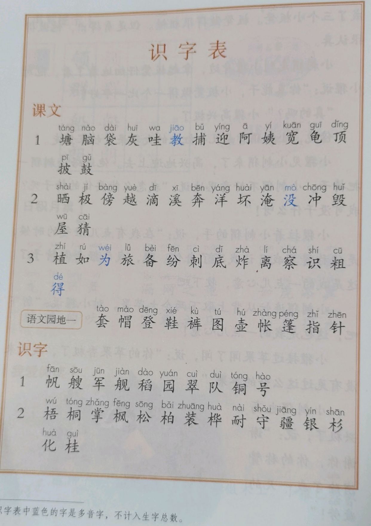 二年级语文上册生字表(部编人教版)
