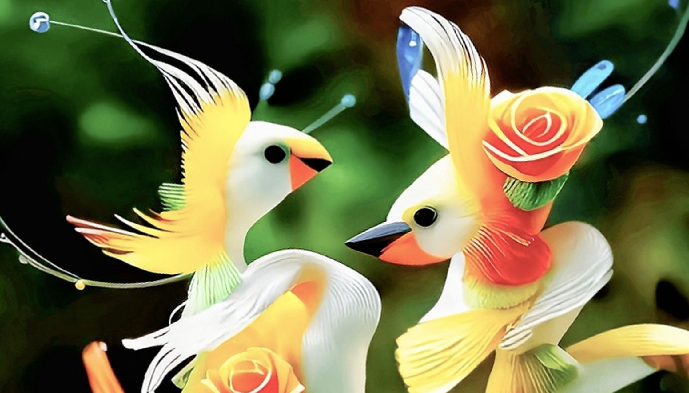 两只彩鸟相依偎,一只展翅一只憩.  带花共赏夕阳下,依偎相守情意浓.  