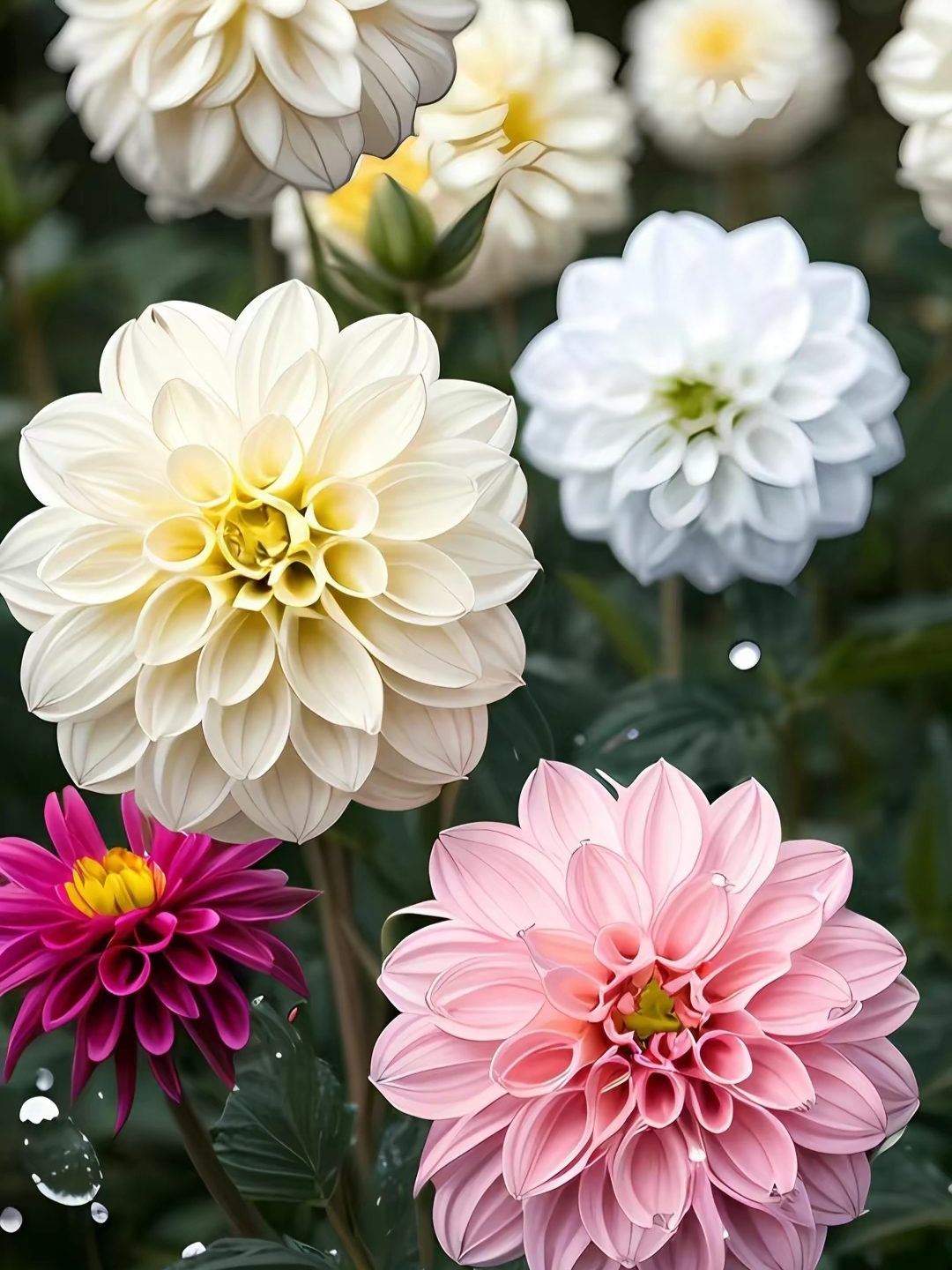 五颜六色的大丽花,五彩斑斓,花朵大而优美,百看不厌