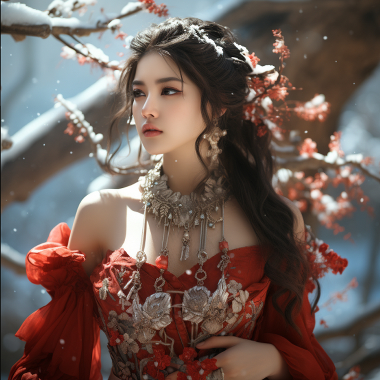 红衣飘荡美如花,风中长发舞翩翩. 裙带翩翩映红颜,明眸皓齿笑盈盈.