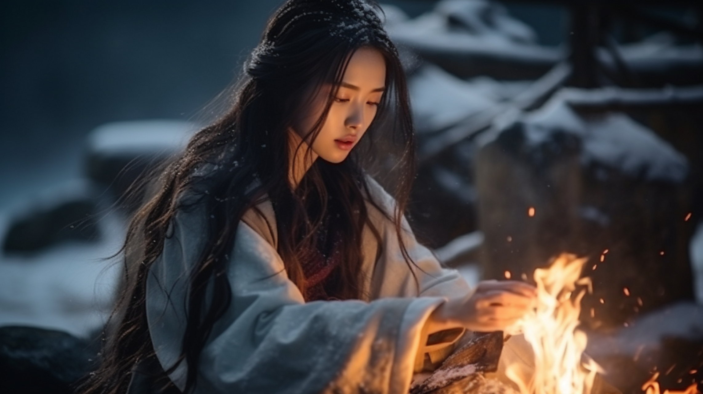 在这寂静的冬日,一个身穿古装的年轻女子坐在雪地里,面前生着一个火堆