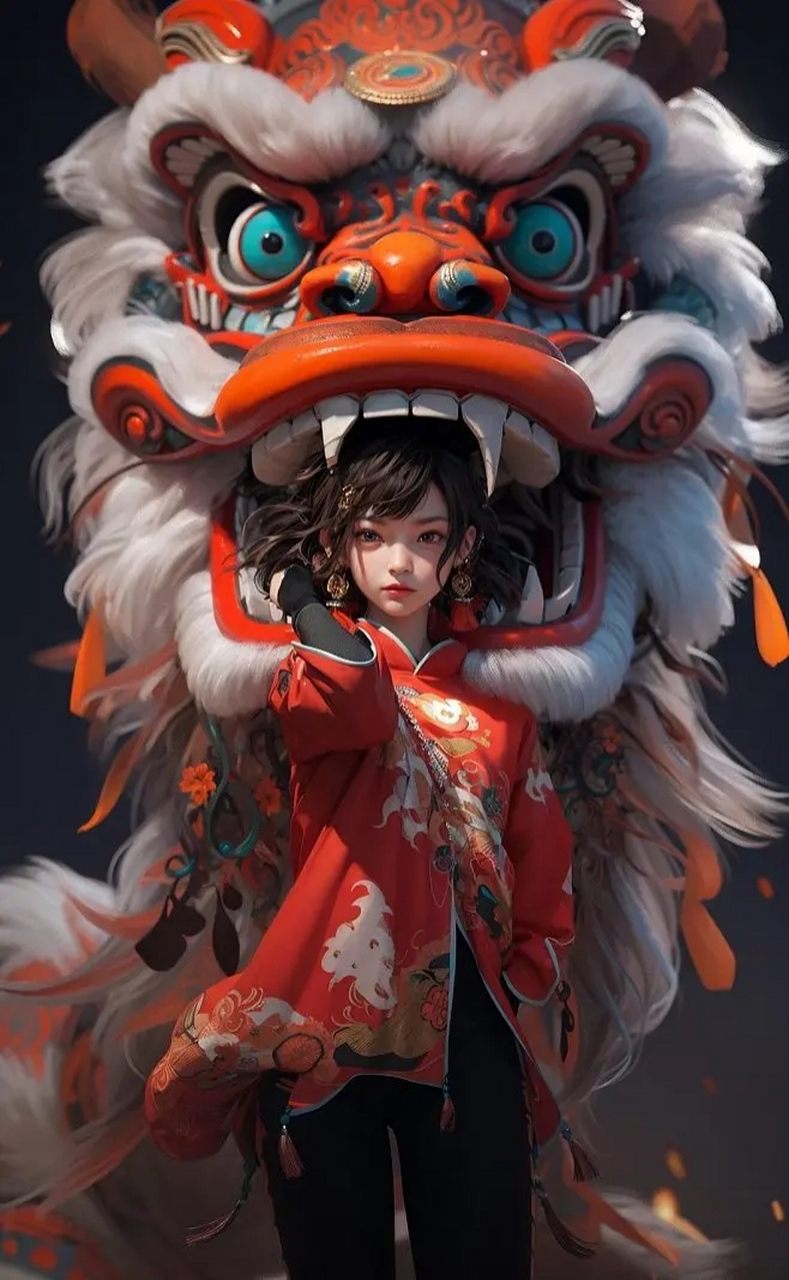 国风舞狮美少女#ai绘画# #民间艺术
