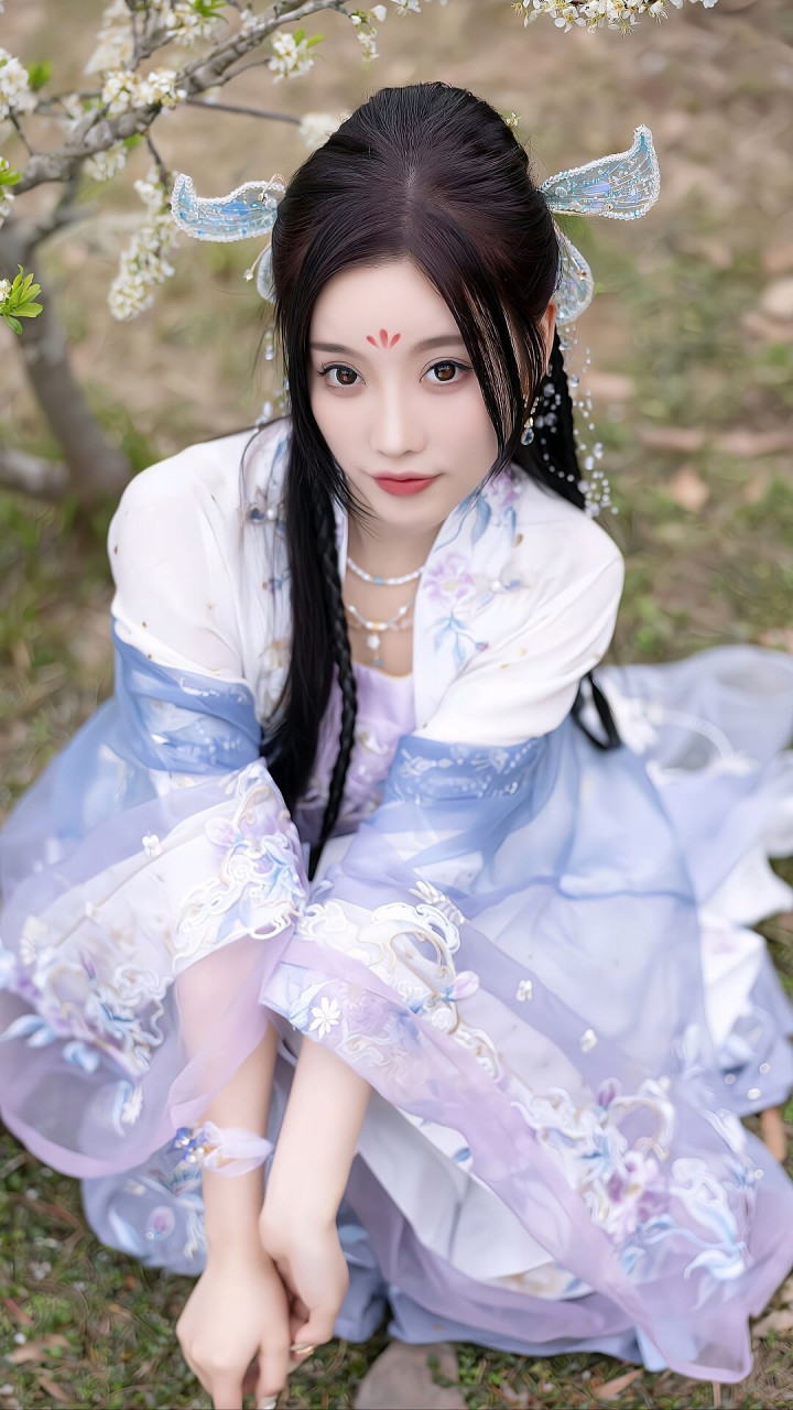 小姐姐一袭汉服,端庄大气,呈现出一种独特的古风古韵,对称的设计,强调