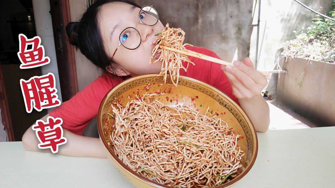 田里刚挖出的新鲜鱼腥草,洗后直接凉拌。猪妹捧盆大口吃。真过瘾