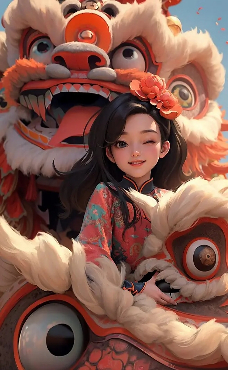 国风舞狮美少女#ai绘画# #民间艺术
